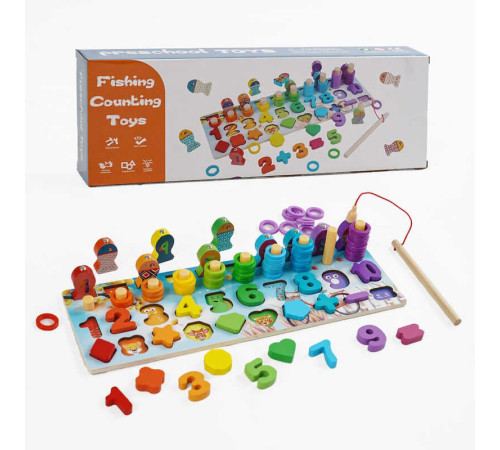 Логічна дерев’яна дошка C 67014 (56) магнітна риболовля, кілочки з кільцями, сортер, цифри англійською, фігури, в коробці – в наличии! Купите сейчас у KAZKOVA