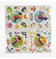 Вкладиші C 68284 (140) 4 види, дерев’яні, годинник, дошка для малювання, маркер “пиши-стирай”, ВИДАЄТЬСЯ МІКС ВИДІВ