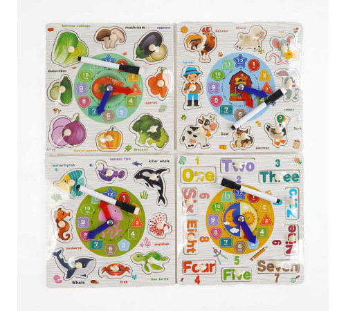 Вкладиші C 68284 (140) 4 види, дерев’яні, годинник, дошка для малювання, маркер “пиши-стирай”, ВИДАЄТЬСЯ МІКС ВИДІВ