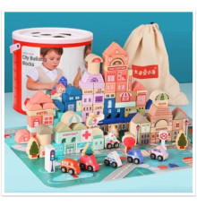 Конструктор дерев’яний C 65440 (12) мішечок для зберігання, пазли, у відрі