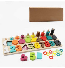 Логічна дерев’яна дошка С 74626 (24) гра з кілочками, вкладиші, цифри, фігурки, кольорові кільця, сортер, в коробці