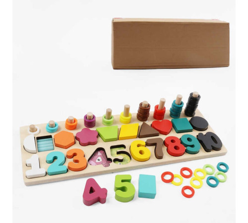 Логічна дерев’яна дошка С 74626 (24) гра з кілочками, вкладиші, цифри, фігурки, кольорові кільця, сортер, в коробці – в наличии! Купите сейчас у KAZKOVA