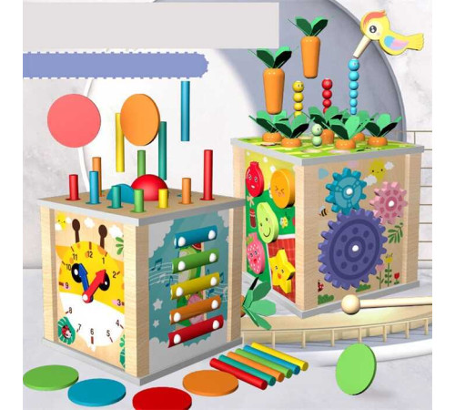 Куб логічний C 74170 (18) дерев'яний, 9 в 1, ксилофон, годинник, магнітна гра, морквинки, палички, шестерні, сортер, у коробці – в наличии! Купите сейчас у KAZKOVA