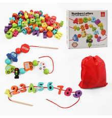 Шнурівка дерев'яна C 74419 (40) 6 шнурків з дерев’яним краєм, абетка, цифри, математичні знаки, транспорт, в коробці