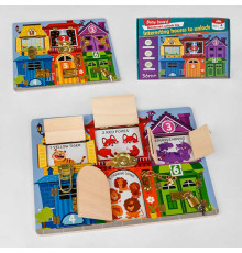 Бізіборд дерев'яний С 49417 (20) “Квартирки з тваринами”, 6 видів замочків, що відкриваються віконця, в коробці