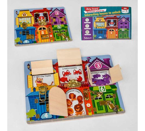 Бізіборд дерев'яний С 49417 (20) “Квартирки з тваринами”, 6 видів замочків, що відкриваються віконця, в коробці