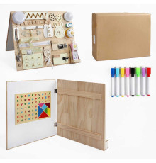 Бізіборд дерев'яний C 64844 (4) лампочка, телефон, звук, підсвічування, фрази англійською мовою, музикальний механізм, магнітна дошка, дзвінок, в коробці