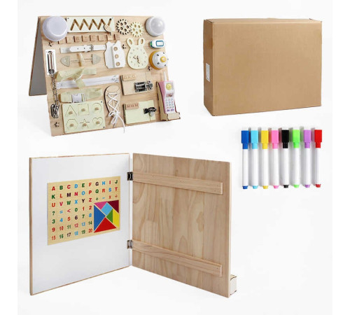 Бізіборд дерев'яний C 64844 (4) лампочка, телефон, звук, підсвічування, фрази англійською мовою, музикальний механізм, магнітна дошка, дзвінок, в коробці