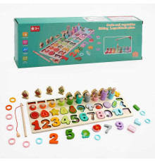 Логічна дерев’яна дошка C 67016 (40) магнітна риболовля, кілочки з кільцями, сортер, цифри, продукти, в коробці