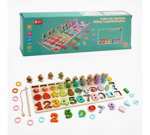 Логічна дерев’яна дошка C 67016 (40) магнітна риболовля, кілочки з кільцями, сортер, цифри, продукти, в коробці