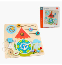 Бізіборд дерев'яний C 66129 (40) годинник, пальчикові ігри, геометричний сортер, кольорові кульки, в коробці