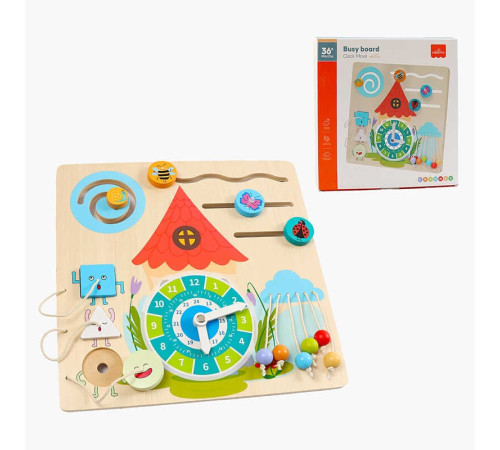 Бізіборд дерев'яний C 66129 (40) годинник, пальчикові ігри, геометричний сортер, кольорові кульки, в коробці