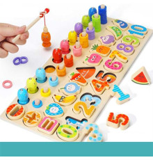 Логічна дерев’яна дошка С 74627 (18) гра з кілочками, назви англ. мовою, магнітна риболовля, вкладиші, цифри, фрукти, овочі, кольорові кільця, в коробці