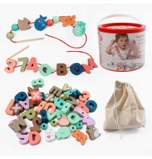 Шнурівка дерев'яна C 74420 (24) 8 шнурків з дерев’яним краєм, абетка, морські жителі, цифри, математичні знаки, мішечок для зберігання, у відрі