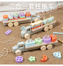 Каталка C 74856 (32) “Вантажівка”, різнокольорові елементи, колеса, геометричний сортер, дерев’яний, мотузочка, в коробці