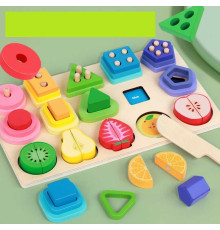 Логічна дерев’яна дошка C 75294 (24) дошка розміром 30х18 см, половинки фруктів на магнітах, геометричні фігури, кілочки, назви кольорів/фруктів англійською, в коробці