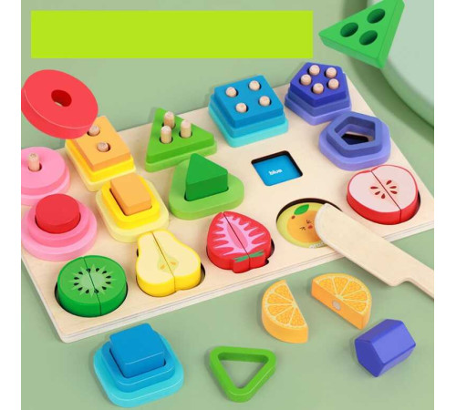 Логічна дерев’яна дошка C 75294 (24) дошка розміром 30х18 см, половинки фруктів на магнітах, геометричні фігури, кілочки, назви кольорів/фруктів англійською, в коробці