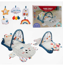 Килимок HX 9158 A Штрих = 50972 (6) СИНІЙ, розмір - 99х61 см, висота дуги - 45 см, 5 підвісок — брязкалець, піаніно — бізіборд, підсвічування, звуки, шестерні, кільця, геометричні фігурки, в коробці