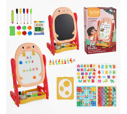 Мольберт 050-54 (18) двосторонній, крейда, маркери, стиранка, магніти, настільні ігри, фішки, в коробці