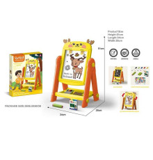 Мольберт 050-66 (18) двосторонній, з полицею, розмір: 34х26х51 см, оберт: 360°, 5 кольорових маркерів “пиши-витирай”, крейда у 12ти кольорах, магнітна англійська абетка, цифри, лінійка, тримачі, в коробці