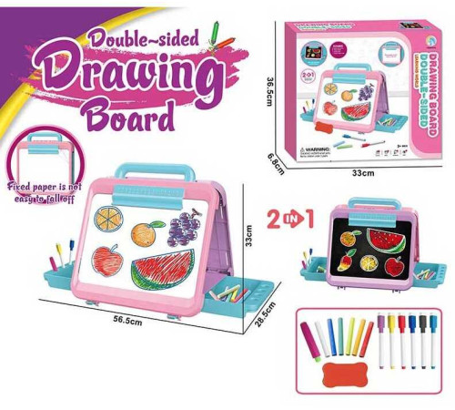 Дошка для малювання YM 66 (24/2) двостороння: малювання маркерами та крейдою, 6 маркерів “пиши-витирай”, кольорова крейда, губка, тримач для крейди, в коробці