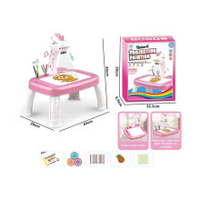 Столик з проєктором YM 2219 (24/2) “Єдиноріг”, підсвічування, мелодія, проєктор, 3 диски з картинками, фломастери 12 штук, альбом для малювання, в коробці