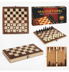 Шахи магнітні C 61552 (60) 3в1, шашки, нарди, дерев’яна дошка 29х29 см, в коробці