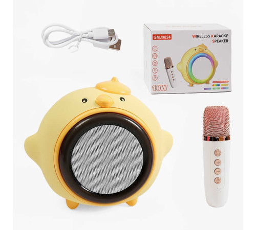 Караоке GMJ 9824 (36) 1 мікрофон, підсвічування, режими підсвічування, вбудований акумулятор, Bluetooth, слот для TF Card, USB-type-c кабель, USB-роз’єм, AUX-роз’єм, колонка, зміна голосу, в коробці