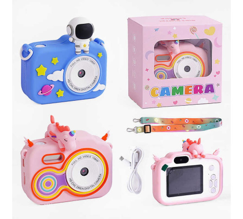 Фотоапарат С 65317 (50) 2 види, фронтальна камера, звук, фото, відео, 3 гри, роз’єм для SD карти, дріт для зарядки, силіконовий чохол, ремінець, інструкція, у коробці