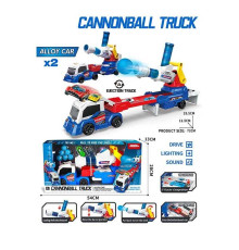Трейлер JP 588-33 B (12) звуки, підсвічування, трек, 2 металопластикові машинки, 2 механічні запускачі, механічна ракетниця з м’якими кульками, м’які кульки, на батарейках, в коробці