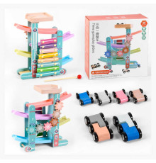 Трек C 44894 (20) дерево-пластик, 4 поверхи, 6 машинок, ксилофон, в коробці