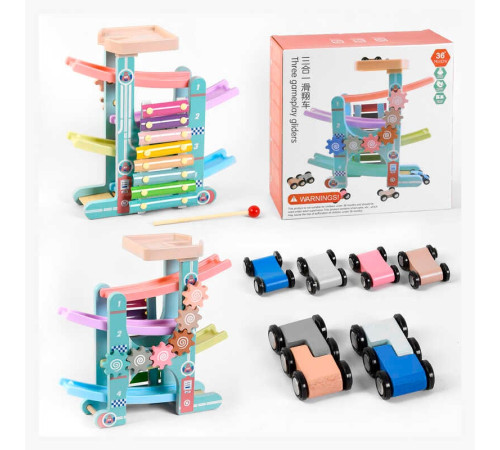 Трек C 44894 (20) дерево-пластик, 4 поверхи, 6 машинок, ксилофон, в коробці – в наличии! Купите сейчас у KAZKOVA