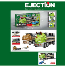 Трейлер-трек 841 (24) 2 види, розмір - 34х10х13 см, довжина треку - 98 см, інерція, механічний запускач, важіль розкладання кузова, 4 металопластикові моделі, звук, в коробці