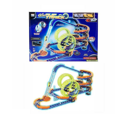 Трек 89994 (12) 122 елементи, 2 машинки із вбудованими акумуляторами, підсвічування, світиться у темряві, трюки, муляжі оточення, в коробці – в наличии! Купите сейчас у KAZKOVA