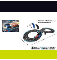 Трек на радіокеруванні JJ 201-1 (12) траса 48х96 см, підсвічування, 2 машинки, масштаб 1:43, 2 пульти керування, підключення до траси за допомогою проводу, в коробці
