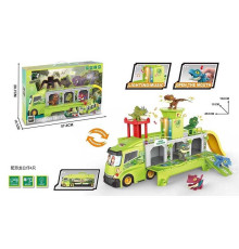 Трейлер-парковка HY 577-3 (18/2) підсвічування, мелодія, 4 динозаври, рухомі елементи, довжина трейлера 46см, гумові колеса, в коробці