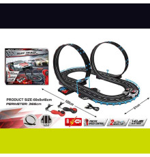 Трек на радіокеруванні JJ 206-1 (8) траса 61х100 см, підсвічування, 2 машинки, масштаб 1:43, мертва петля, 2 пульти керування, підключення до траси за допомогою проводу, від батарейок та від мережі, в коробці