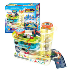 Інтерактивний автотрек 92629 (16) "WToys", ОЗВУЧУВАННЯ УКРАЇНСЬКОЮ МОВОЮ, автоматичний підіймач, звук, світло, пісні, 4 машинки, паркінг, виїзди, в коробці