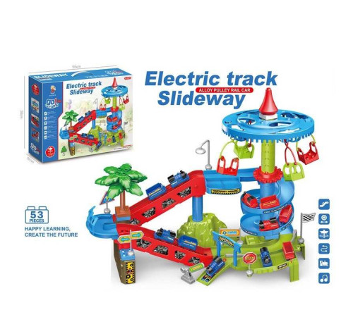 Трек 222 B 139 (12) 53 елементи, наліпки, 2 потяги, 2 знімних вагони, рухлива карусель, на батарейках, музика, зміна режимів, автоматичний підіймач, в коробці – в наличии! Купите сейчас у KAZKOVA