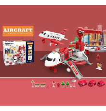 Літак SJ 676 A (8) ЧЕРВОНИЙ, парковка, звуки, інерція, мелодії, підсвічування, на батарейках, аксесуари, 3 машинки, механічний підіймальний кран, в коробці