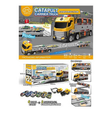 Трейлер-трек T 909 A (36) "Будівельна спецтехніка" розмір - 38х10.5х15 см, довжина треку - 135 см, механічний запусач, підсвічування, звук, 2 металопластикові моделі, 6 пластикових моделей, в коробці