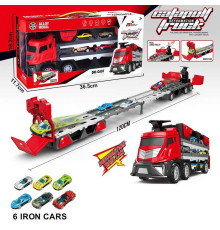 Трейлер-трек 825 (40) ЧЕРВОНИЙ, розмір - 32х10х14 см, довжина треку - 120 см, механічний запускач, важіль розкладання кузова, 6 металопластикових моделей, в коробці