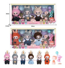 Набір героїв JZ 772 M9 (60/2) 2 види, 3 персонажі, брелки, рухливі кінцівки та голова, ведмедик з кулькою, тортик, подарунок, знімний одяг, карабін, в коробці