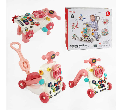 Каталка 6038 (5) рожева, 6 в 1, трансформується у толокар, батьківська ручка, звуки, мелодії, підсвічування, пискавка, геометричний сортер, шестерні, в коробці