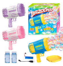 Пістолет з мильними бульбашками 57737 (24) "WToys", 3 кольори, 69 отворів, кольорове підсвічування, автоматичний принцип, 2 пляшечки з мильним розчином, акумулятор 3.7V, в коробці