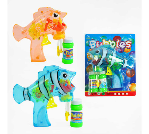 Пістолет з мильними бульбашками 608 B (60/2) 2 види, “Рибка”, механічний принцип роботи, 2 пляшки з мильним розчином, на листі