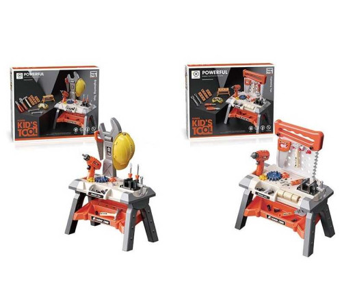 Набір інструментів 8803-1 / 8804-1 (12) 2 види, 63 деталі, майстерня, підсвічування, шуруповерт на батарейках, каска, окуляри, стілець, в коробціі