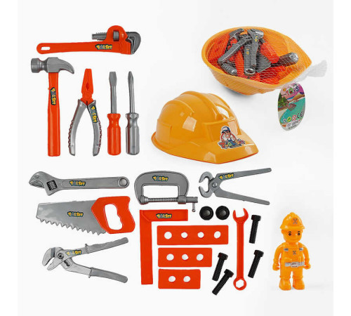 Набір інструментів 1399-15 (120/2) каска, фігурка ремонтувальника, викрутка, гайковий ключ, плоскогубці, молоток, пила, лінійка, в сітці