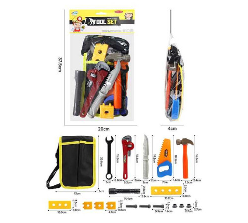 Набір інструментів NH 384-1 (120/2) сумка, розвідний ключ, гайковий ключ, ніж, пила, молоток, ліхтарик, планки з отворами, болти й гайки, в пакеті