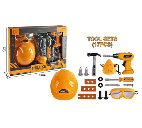 Набір інструментів 3288 C-15 (36/2) 17 елементів, каска, окуляри, дриль, механічний принцип роботи, молоток, викрутка, болти, в коробці
